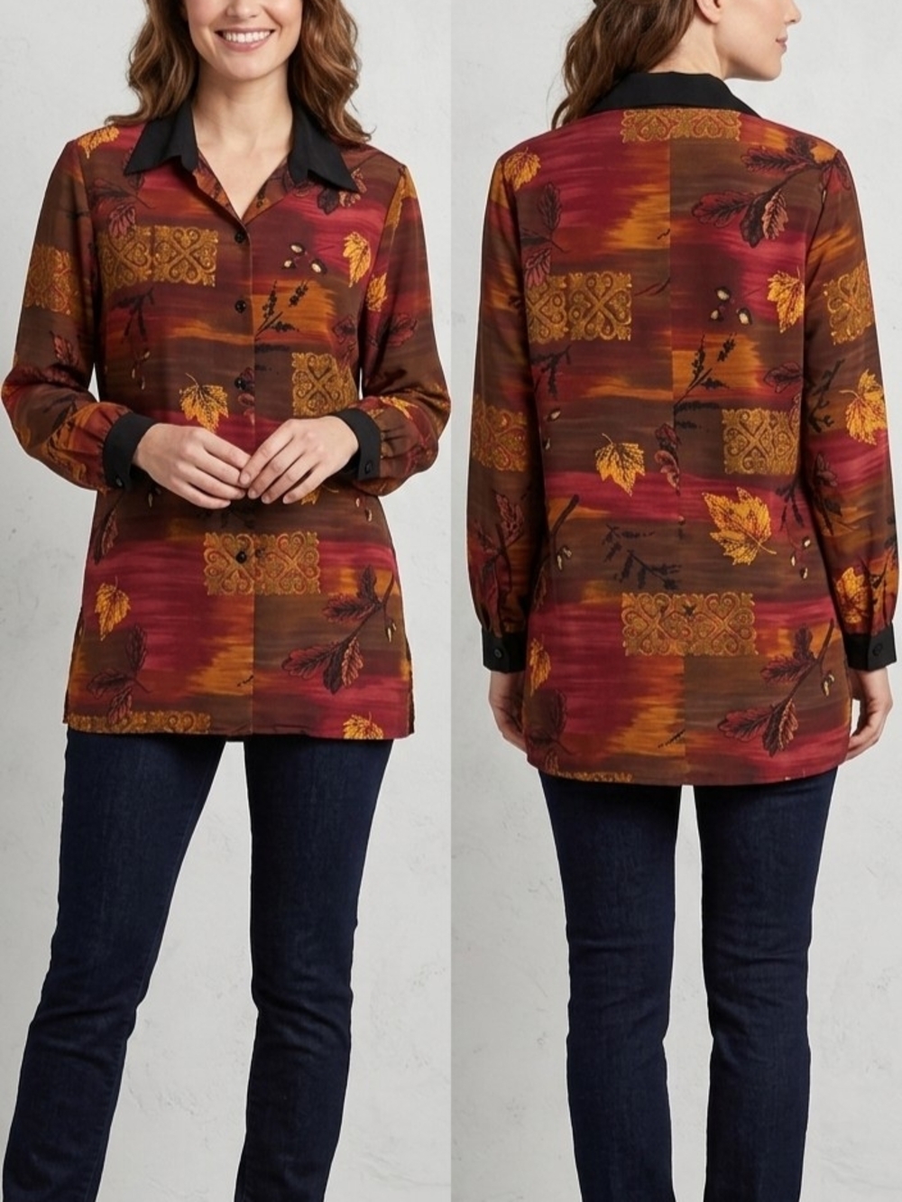 ​Vintage 90s Caliché Leaf Print Button Down Blouse M/10